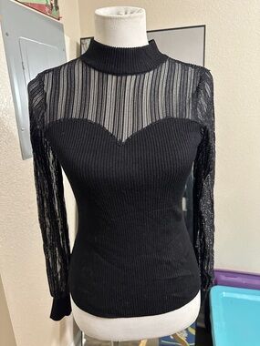 Absolutely Famous Black Sheer Yoke Ribbed V-Neck Sweater